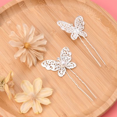 Hair Pin Butterfly Silver Pearl Rhinestone Design Wedding Party Use For Girl And Women 8X4.3cm