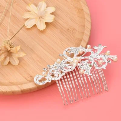 Hair Pin Comb Flower Pearl Rhinestone Shiny Wedding Party Bridal Headpiece Classic Beauty Use For Girl And Women 10.5X6.5cm