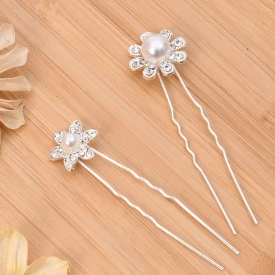 Hair Pin Flower Silver Pearl Rhinestone Design Wedding Party Use For Girl And Women Length 7.5cm