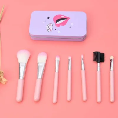 Metal Box 7PC Synthetic Makeup Powder Blush Foundation Eyeshadow Lip Brush Set