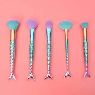 Unicorn Mermaid Tail Professional 5PC Premium Synthetic Makeup Powder Blush Foundation Contour Fan Brush Set