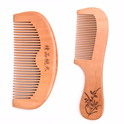 Natural Peach Wood Hair Comb Handle Carved with Daffodil Pattern MB-015 group